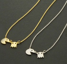 Collares 2015 Gold Silver Pac Man Retro Necklaces Fun and cute Angry Ghost Necklaces women fine