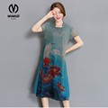 2017 Dress Floral Print Asymmetric Silk Dress for Women New Fashion Vintage Half Sleeve Loose Summer