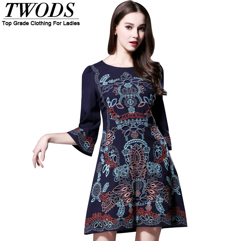 Twods 2015 new brand designer vintage embroidery women fashion slim dresses Flare Sleeve top grade quality plus size clothing