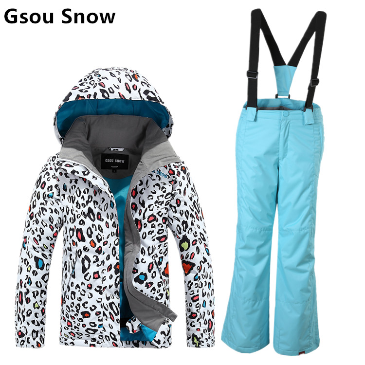Gsou snow childrens ski suit girls skiing suit parent-child ski suit kids leopard print ski jacket and blue pants skiwear anorak