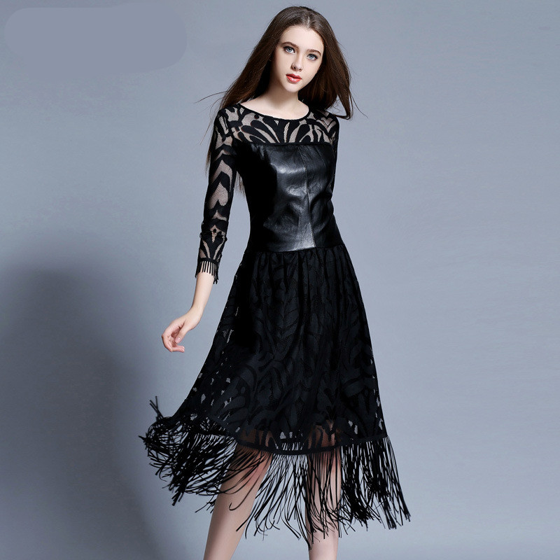 2016 New spring summer party maxi dress women lace leather patchwork long dresses sexy tassel vestidos office lady black dress