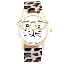 Spl Luxury Brand Women Clock Cute Glasses Cat Women Quarts Watch Brand Lovers Watch Women Leopard Lrint Leather Casual Watch