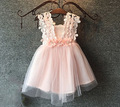 2016 Baby Girls Crochet Lace Tulle Dresses Kids Girl Summer 3D Flower Pearl TuTu Princess hallow