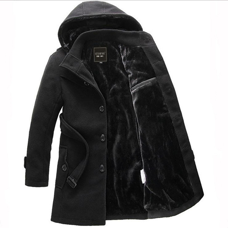 Hot Sale Mens Long Woolen Jacket Men Thick Overcoat Black Stylish Hooded Men Winter Outerwear Plus