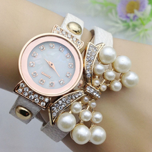 Free shipping 2016 New Fashion Leather Bow Bracelet Watch Korean Fashion Diamond Pearl Wrist Quartz Watches For Women W238
