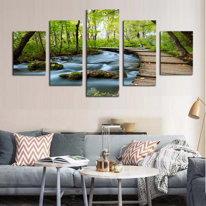 Unframed 5 Piece Woods and Waterfalls Modern Home Wall Decor Canvas Picture Art HD Print Painting On Canvas Oil Painting