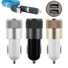 USB Data Cable+ 12V 2.1A Aluminium Dual USB Car Charger Adapter For iPhone 6 6S Plus 5 5S Plus And Other phones Car-Charger