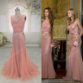 ORP218 real images pink women dress tulle floor length mermaid v neck low back evening dress
