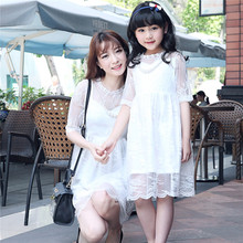 Family clothing fitted mother mom daughter matching dress 2015 new brand summer princess sweet lace white black women vestidos