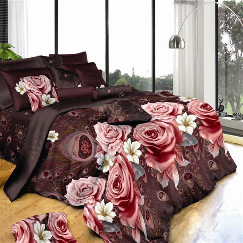 Large size Peach Floral Bedding Sets 3D Flower Bedlinen Rose Duvet Cover King Size Flat Sheets