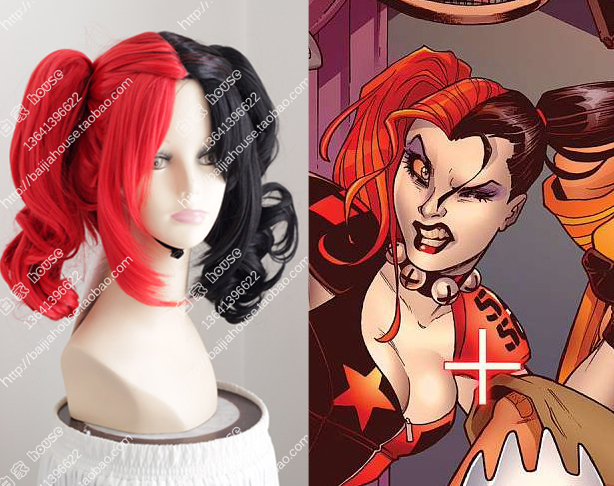 New Film Joker Harley Quinn Cosplay Black Red Wigs Batman Clown Curly Wig.