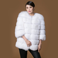 Real fur fox coat women s girl white short o neck three quarter slim fashion full