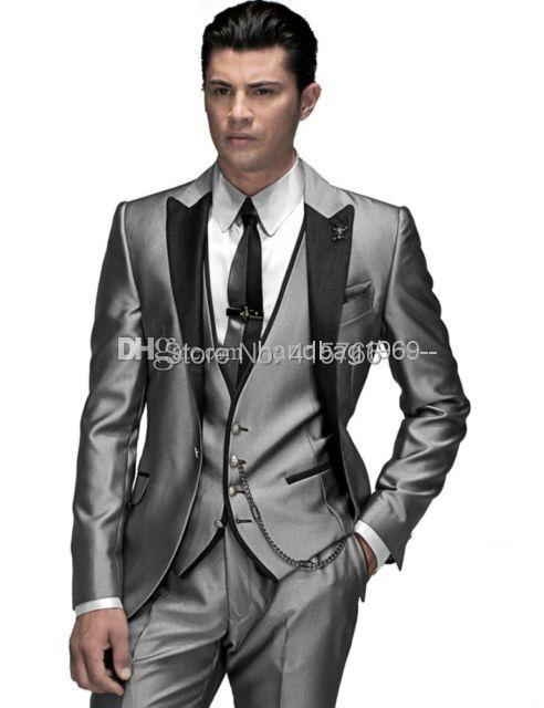 4 Custom Made One Button Silver gray Groom Tuxedos Peak Lapel Best Man Suits Groomsmen Men Wedding Suits (Jacket Pants Vest Tie).jpg