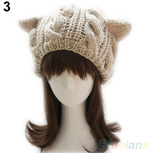 Women s Winter Knit Crochet Braided Cat Ears Beret Beanie Ski Knitted Hat Cap 1QEW 4BTT