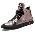 men casual shoes shiny leather gun metal color high top plain shoes rivet man s quality