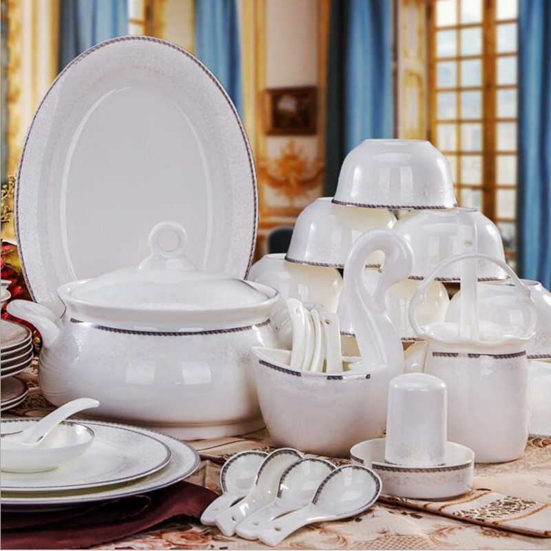 60pcs Ceramic Swan Dishes And Plates Sets Bone China Dinnerware set Chinese Ceramic Dinnerware Porcelain Fine Dishes Set Hot