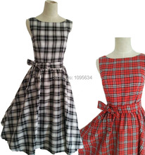 plus sizes 1950s hepburn style tartan print belted black red retro rockabilly dress plus size S-6XL