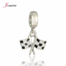 New Racing Chequered Flag Pendant Real 925 Sterling Silver Diy Jewelry Suitable for Style Charm Bracelets & Necklaces