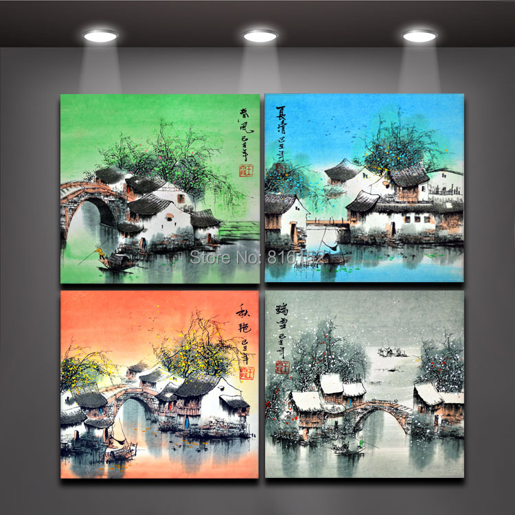 4 Panel Chinese Four Seasons Oil Canvas Art Painting Picture Home