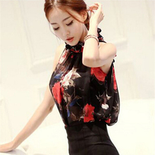 2016 European Fashion Flowers Print Halter Sleeveless Ruffled Neck Blouse Women Elegant Tops Summer Women Shirts