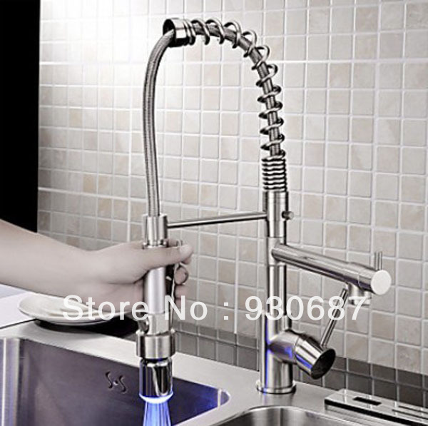 Contemporary NEW Single Handle LED Pull-out Kitchen Faucet Brushed Nikcel Countertop Brass Mixer Tap