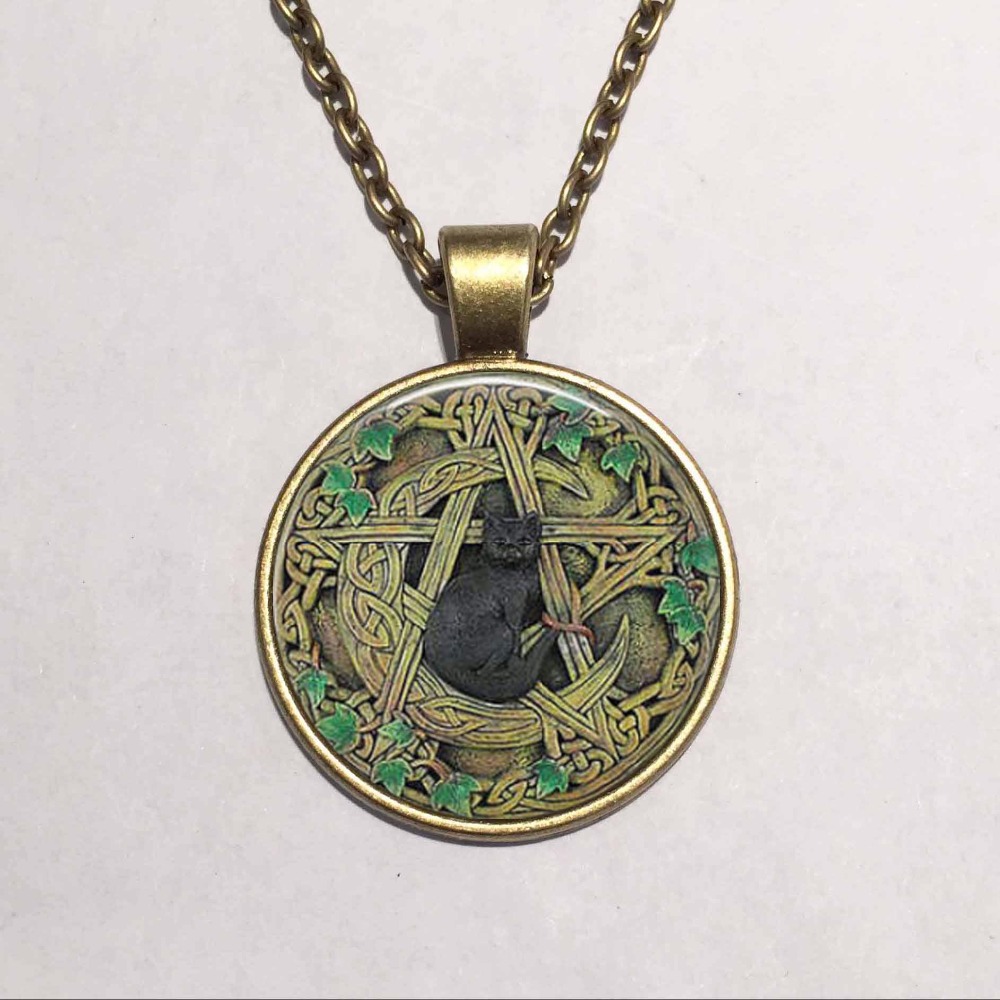 Wholesale Glass Dome Pendant Black Cat Wicca Pendant Necklace Pentagram
