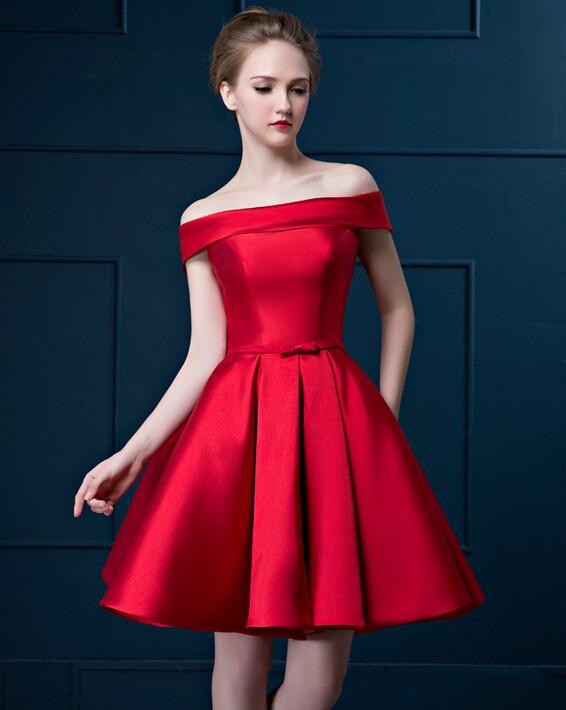 Aliexpress.com Comprar Elegante cuello barco Off the Cocktail hombro corto manga verde y rojo de raso vestido de fiesta 2015 de primavera y verano de