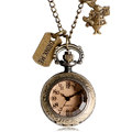 Drink Me Tag Cute Pendant Necklace Alice in Wonderland Rabbit Dark Brown Glass Pocket Watch Copper