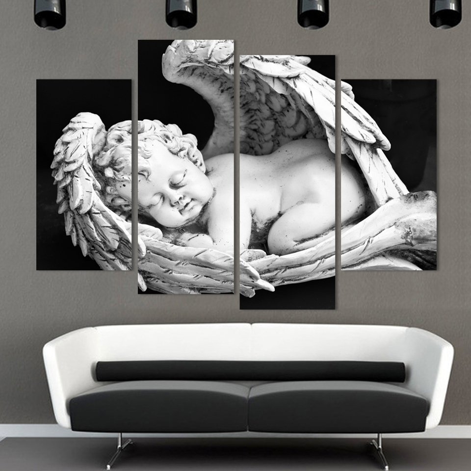 European White and black angels Canvas modern Painting Naked Kids Wall Pictures For Living Room Entrance Home Figure Decor