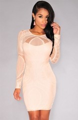 Apricot-Lace-Nude-Illusion-Long-Sleeves-Bodycon-Dress-LC22136-3
