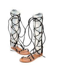 2016 leather knee high boots plus size 35-40 classic Roman gladiator sandals Summer rivet Flat shoes cross lacing Toe sandals