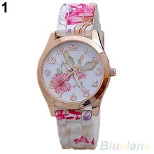 2014 New Fashion Women Watches Silicon Band Flower Print Jelly Sports Quartz Wrist Watch wristwatches 1DPP