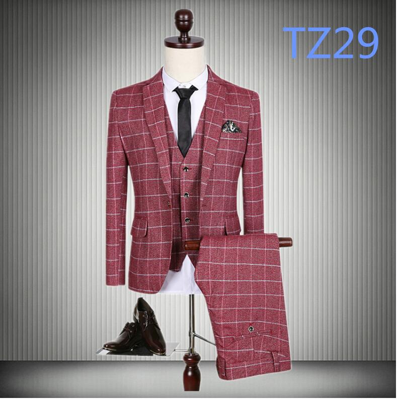 High Quality 2016 New Arrival Men Suits Fashion Slim Fit Plaid Blazers Formal Bridegroom Wedding Male Tuxedo (Jacket+Pants+Vest)