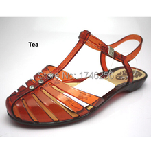 E hot sale 2015 summer women flat gladiator sandals plastic crystal jelly almond shaped toe T-strap ankle buckle shoes