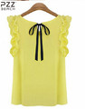 S XL New 2014 women s o neck lotus leaf pullover lacing bow chiffon shirt top