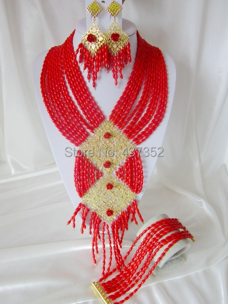 Handmade Nigerian African Wedding Beads Jewelry Set , Coral Beads Bridal Jewelry Set CWS-462