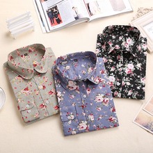Dioufond New Autumn Women Blouse 2015 Floral Print Long Sleeve Cotton Women Shirts Turn Down Collar Casual Plus Size Slim Tops