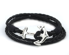 Fashion Black Leather Men Bracelet Silver Anchor Bracelet Jewelry Viking Accessories For Wristband