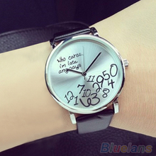Women’s Men’s Who Cares Faux Leather Arabic Numerals Letters Printed Wrist Watch  2MQL