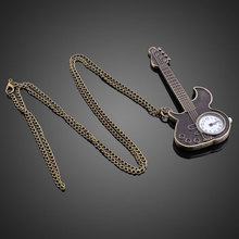 Unisex Bronze Guitar Style Quartz Pocket Watch Necklace Watches for Male Female