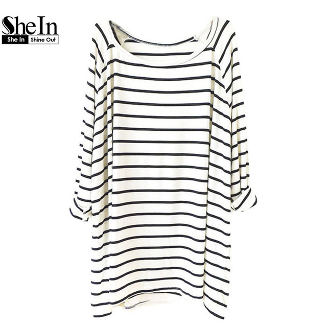 Shein новое поступление горячим верхом женская мода одежда в полоску тис свободного покроя белый черный с длинным рукавом шею прямо широкий футболки