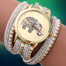 Nuevo 2015 moda de cuarzo de pulsera DIY corea de la cachemira mujeres Rhinestone reloj patrón elefante chapado en oro pulseras y brazaletes