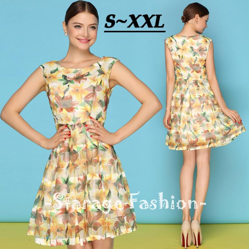 S XXL Brand Ladies Yellow Floral Print Sleeveless Pleated A line Dresses 2015 Spring Summer Plus