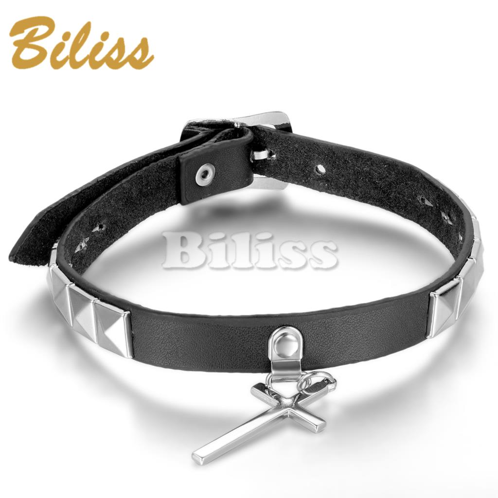 2015 New Rock Womens Punk Jewelry Cross Pendant Rivet Short Black Leather Choker Necklace For Women