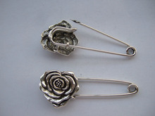 12 x Silver Tone Strong Metal Kilt Scarf Brooch Safety Pin With Rose Flower 51mm