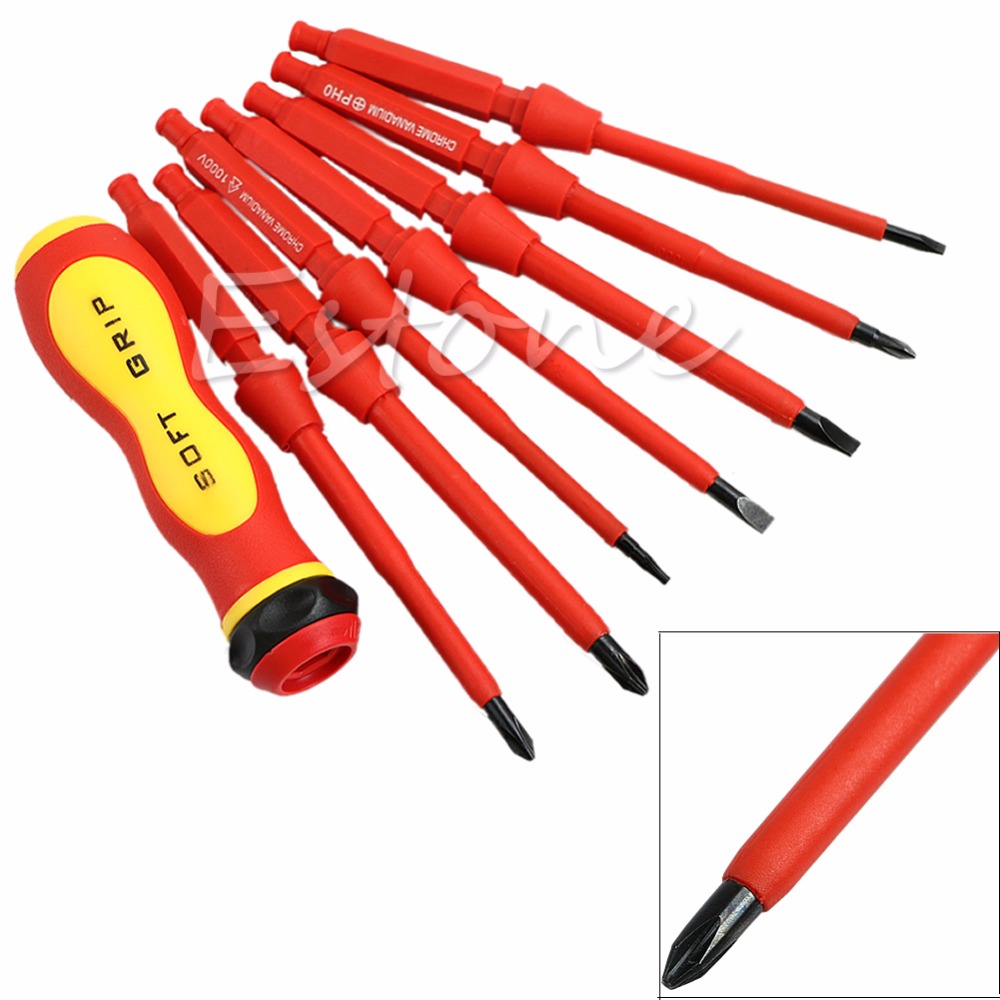1 Set 7Pcs Electrician's Insulated Electrical Single Head Hand Screwdriver Tools