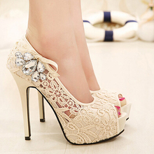 New Women Open Toe Lace Rhinestone Pumps Fashion Element Platform Thin Heels Pumps Shoes Summer Sandals Women Big Size35-41