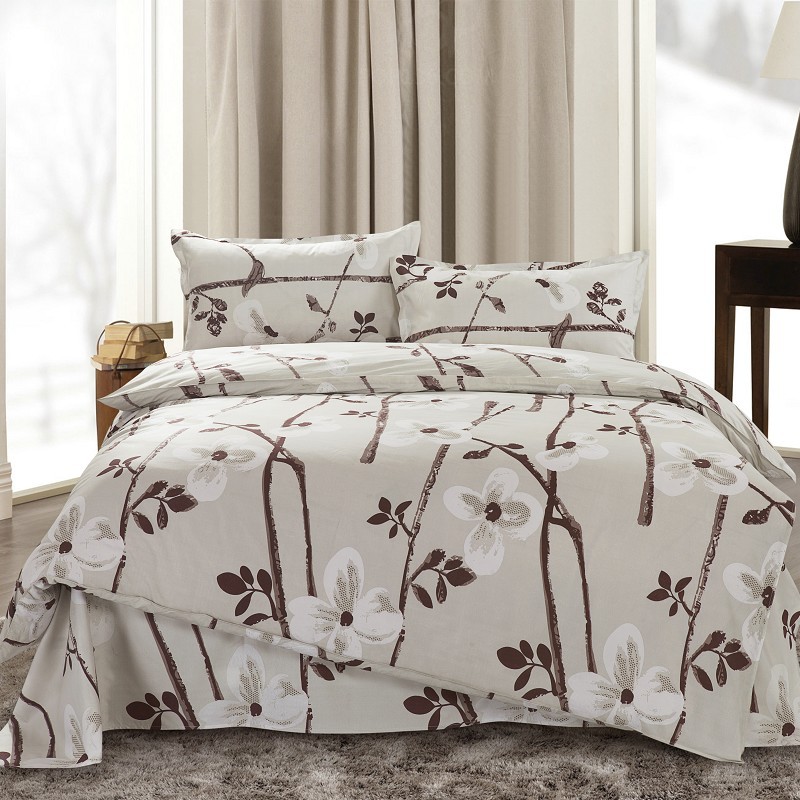 4PCS twin full size white orchid flowers brown floral grey bedding cheap bed comforters high ...