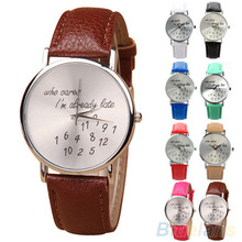 Women Watch “Who Cares” Faux Leather Band Quartz Date Round Dial Analog Wrist Watch