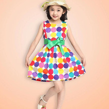 100 Cotton 2015 Summer Girls Greene Dots Dresses Cute Knee Length Girl Princess Dress Kids Clothes